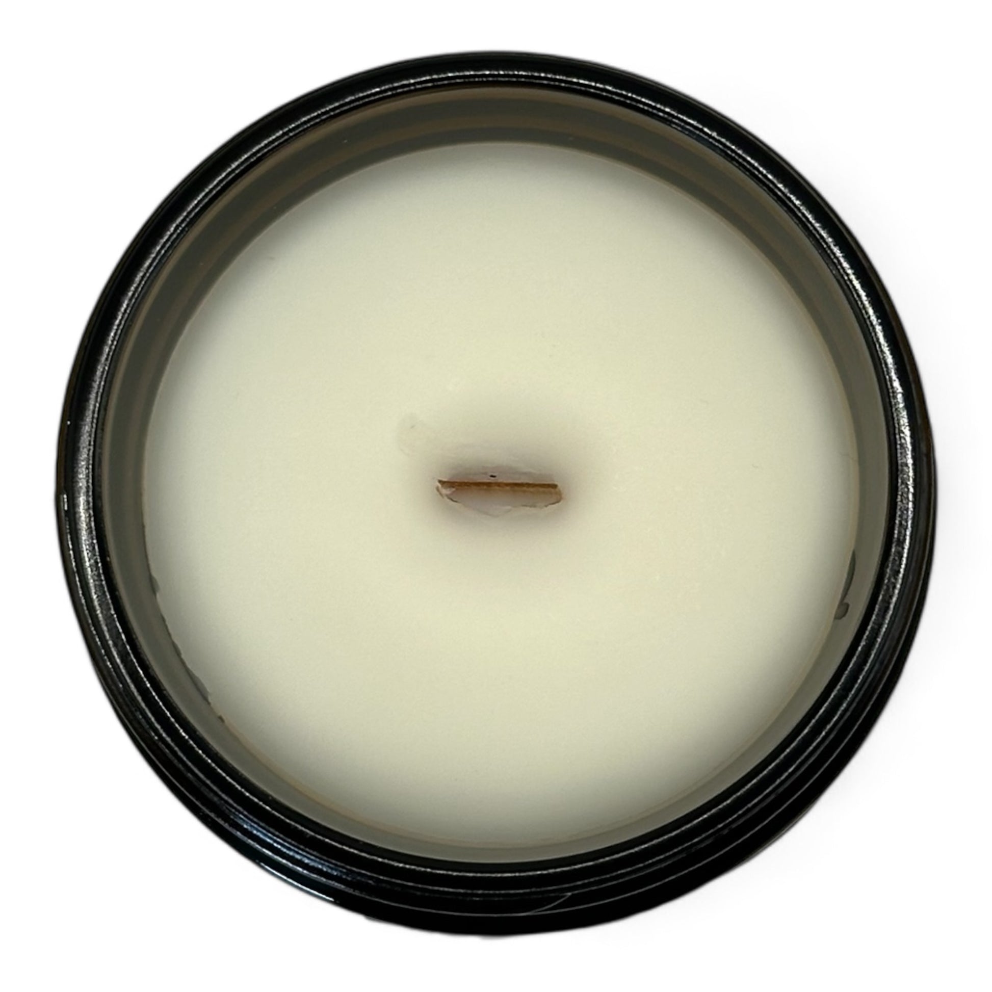 Top view of Coffee Shop 7 oz candle with a wooden wick, showcasing the smooth wax surface and inviting coffee fragrance, perfect for creating a cozy, relaxing atmosphere