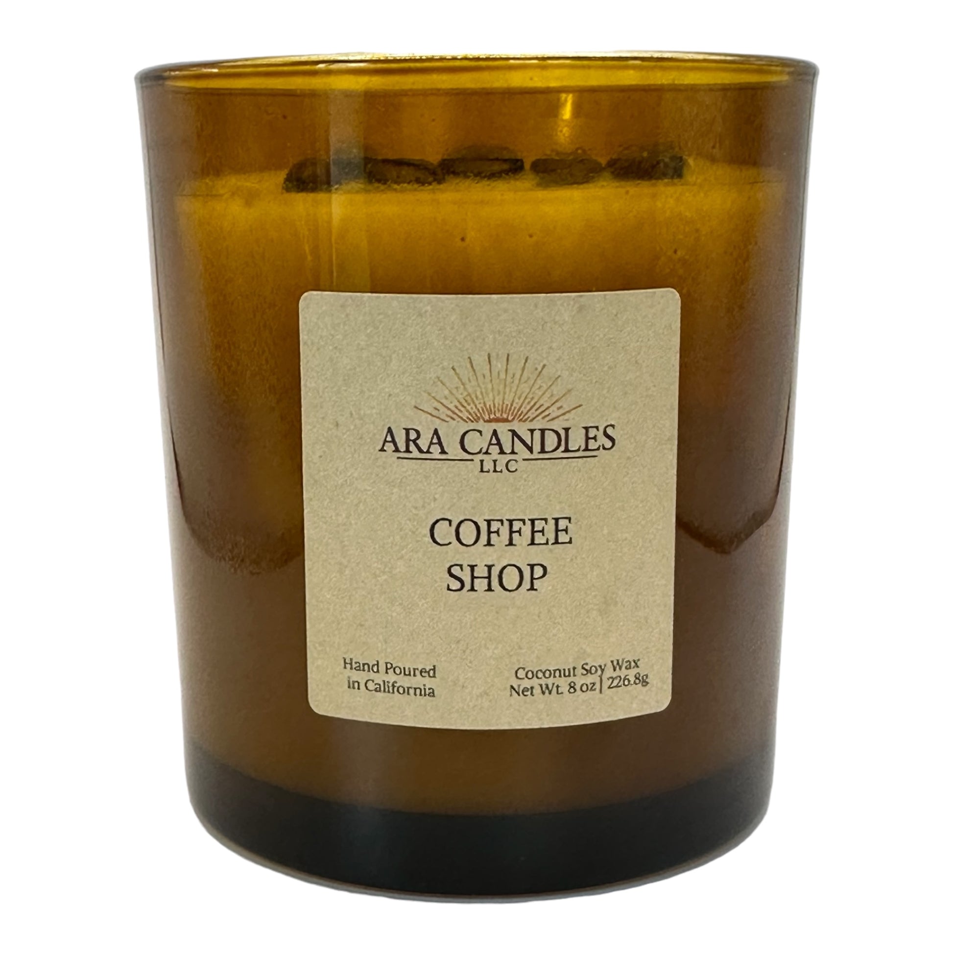 Coffee Shop flameless 8 oz candle with a warm coffee aroma, elegantly displayed on a white background, offering a cozy atmosphere without the flame