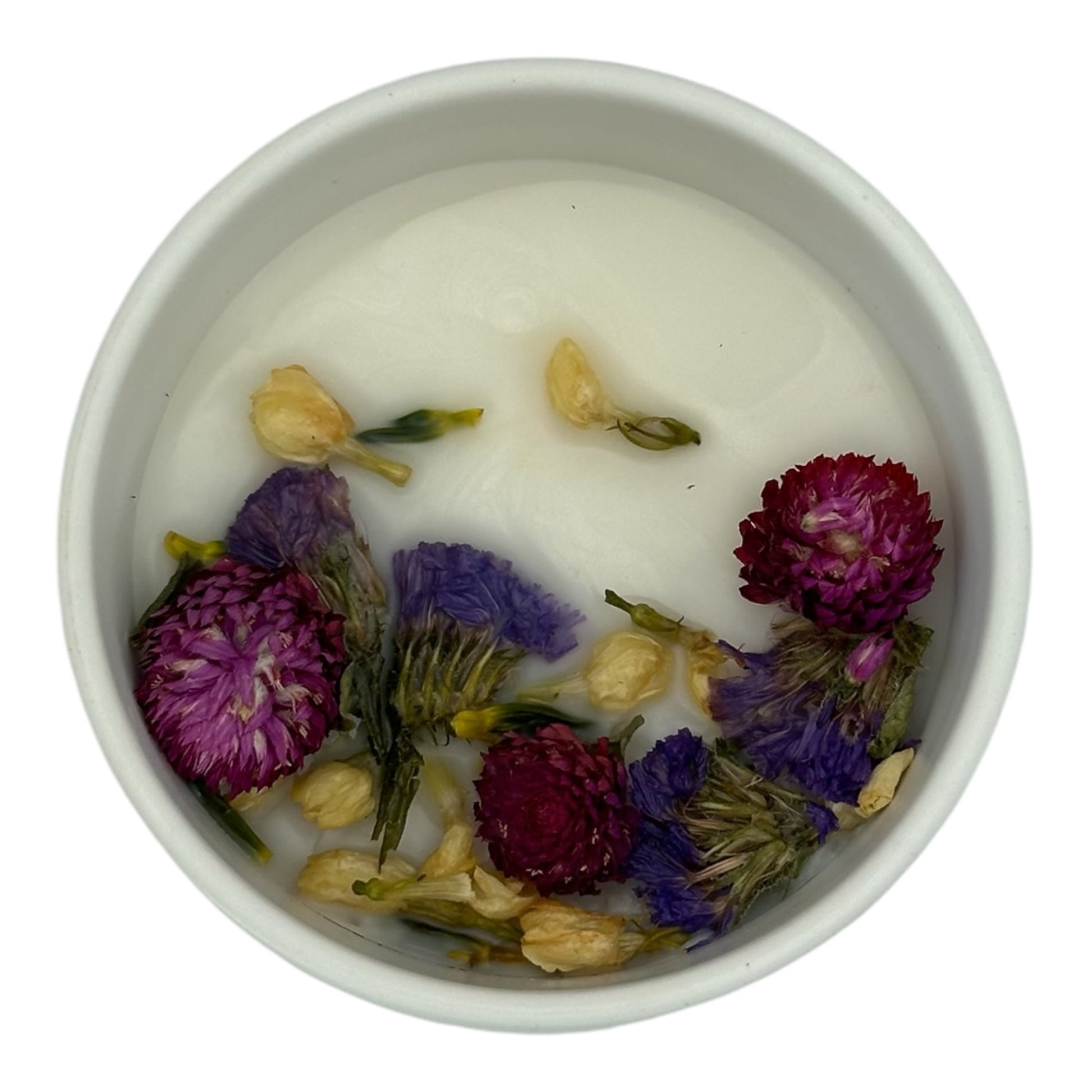 Top view of Day at the Spa flameless 4 oz candle with dried roses on top, offering a calming and decorative touch for a tranquil, flame-free ambiance