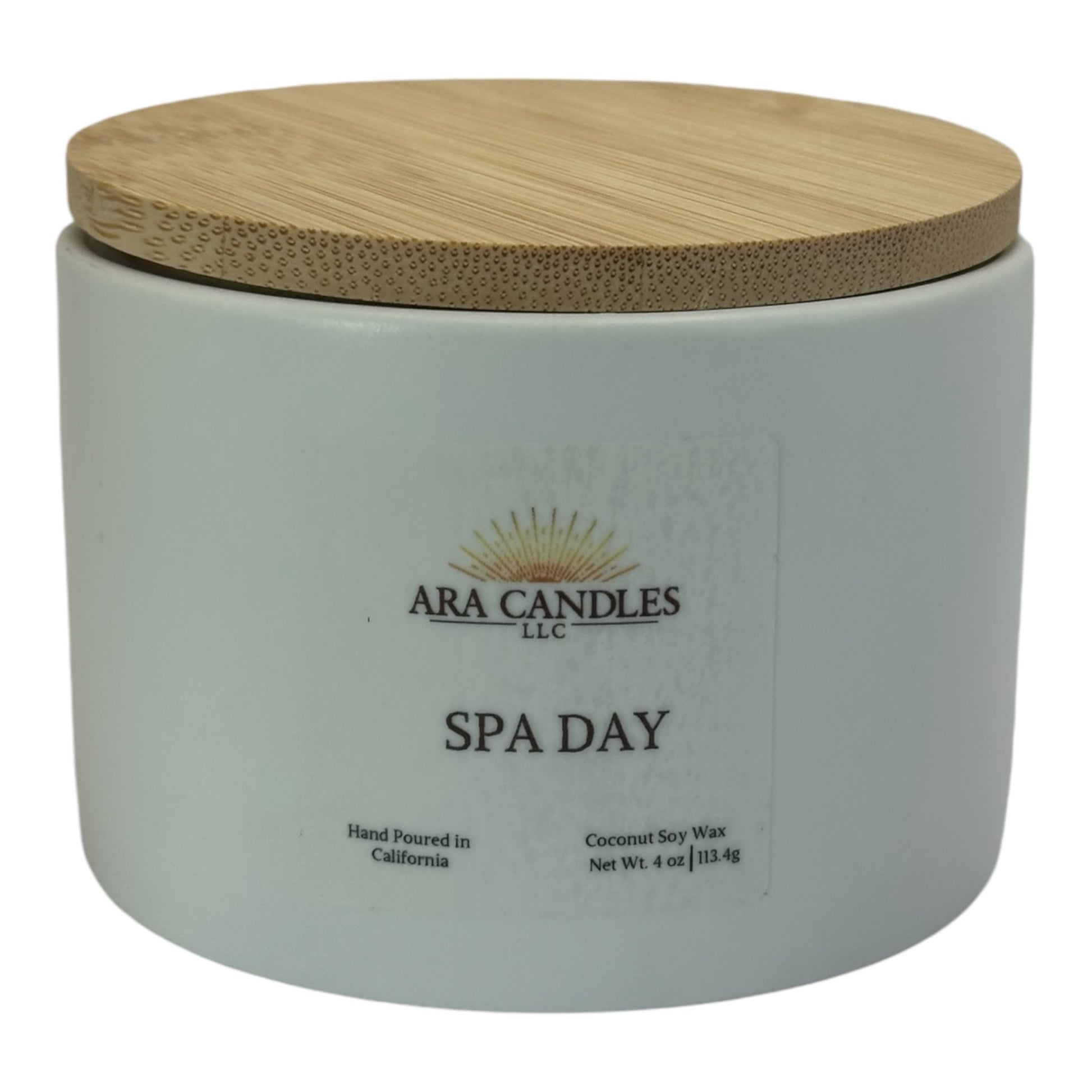 Day at the Spa flameless 4 oz candle with a wooden lid, featuring a relaxing spa-inspired fragrance, showcased on a white background for a minimalist, tranquil vibe