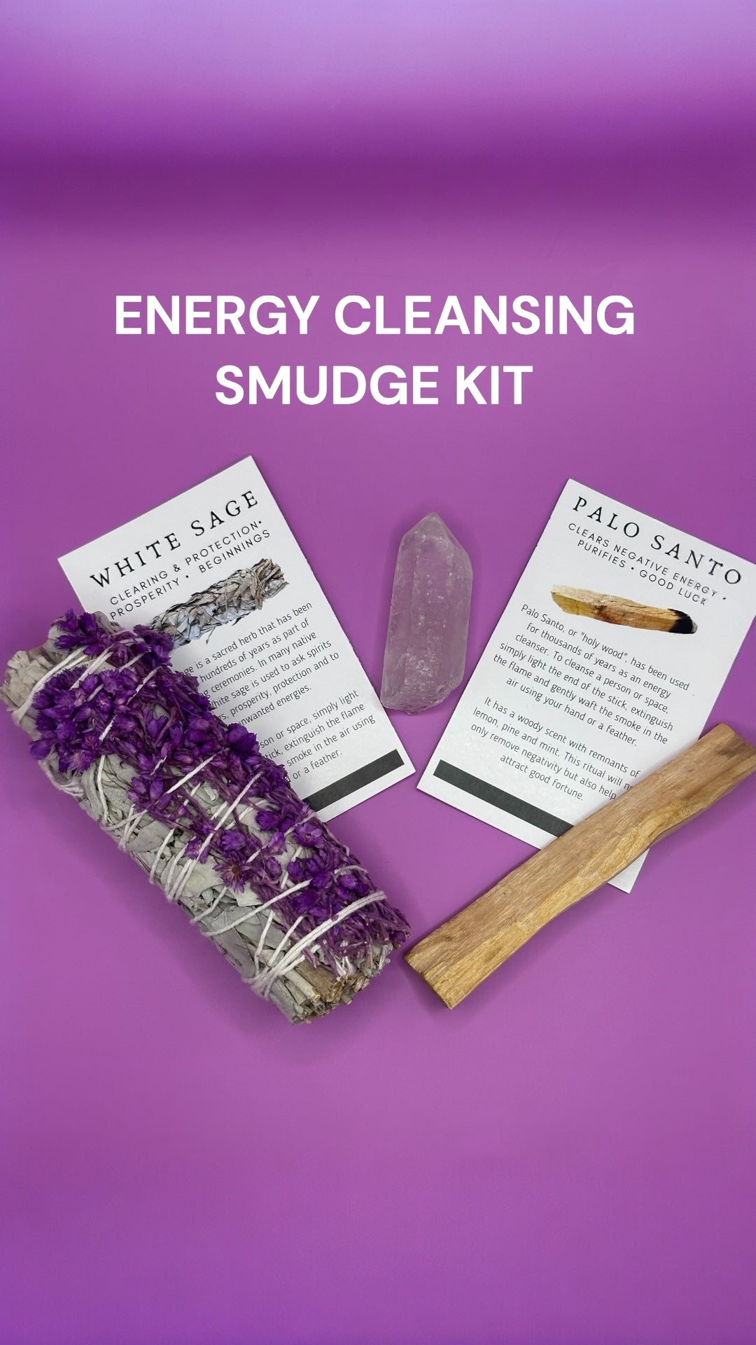 Energy Cleansing Smudge Kit including sage, palo santo, and other tools for purifying and balancing energy in your space