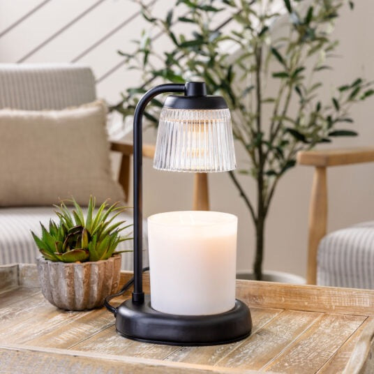 Fluted Glass Black Candle Warmer Lamp, featuring an elegant fluted glass design with a sleek black base, ideal for gently melting candles and creating a fragrant, relaxing ambiance