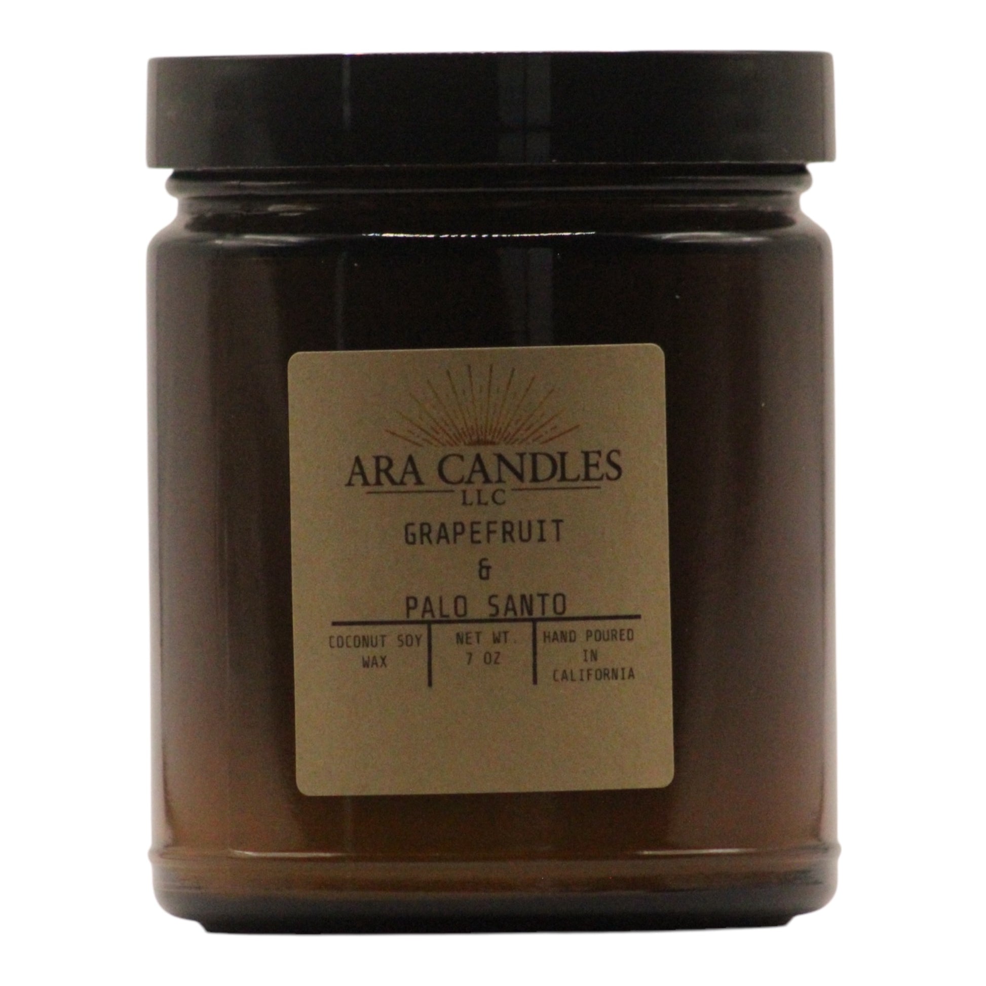 Amber straight jar candle with Grapefruit Palo Santo scent, offering a refreshing citrus aroma balanced with the earthy, calming fragrance of palo santo