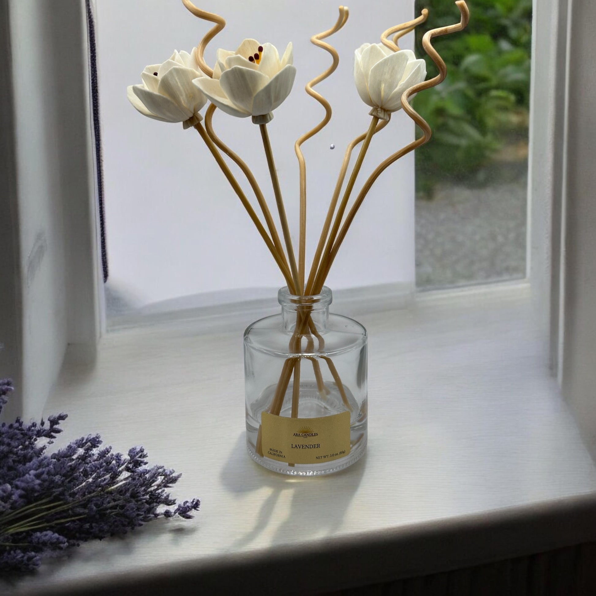Lavender reed diffuser releasing a soothing floral aroma to create a calm and relaxing atmosphere in any room