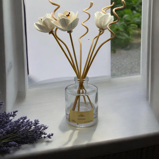 Lavender reed diffuser releasing a soothing floral aroma to create a calm and relaxing atmosphere in any room