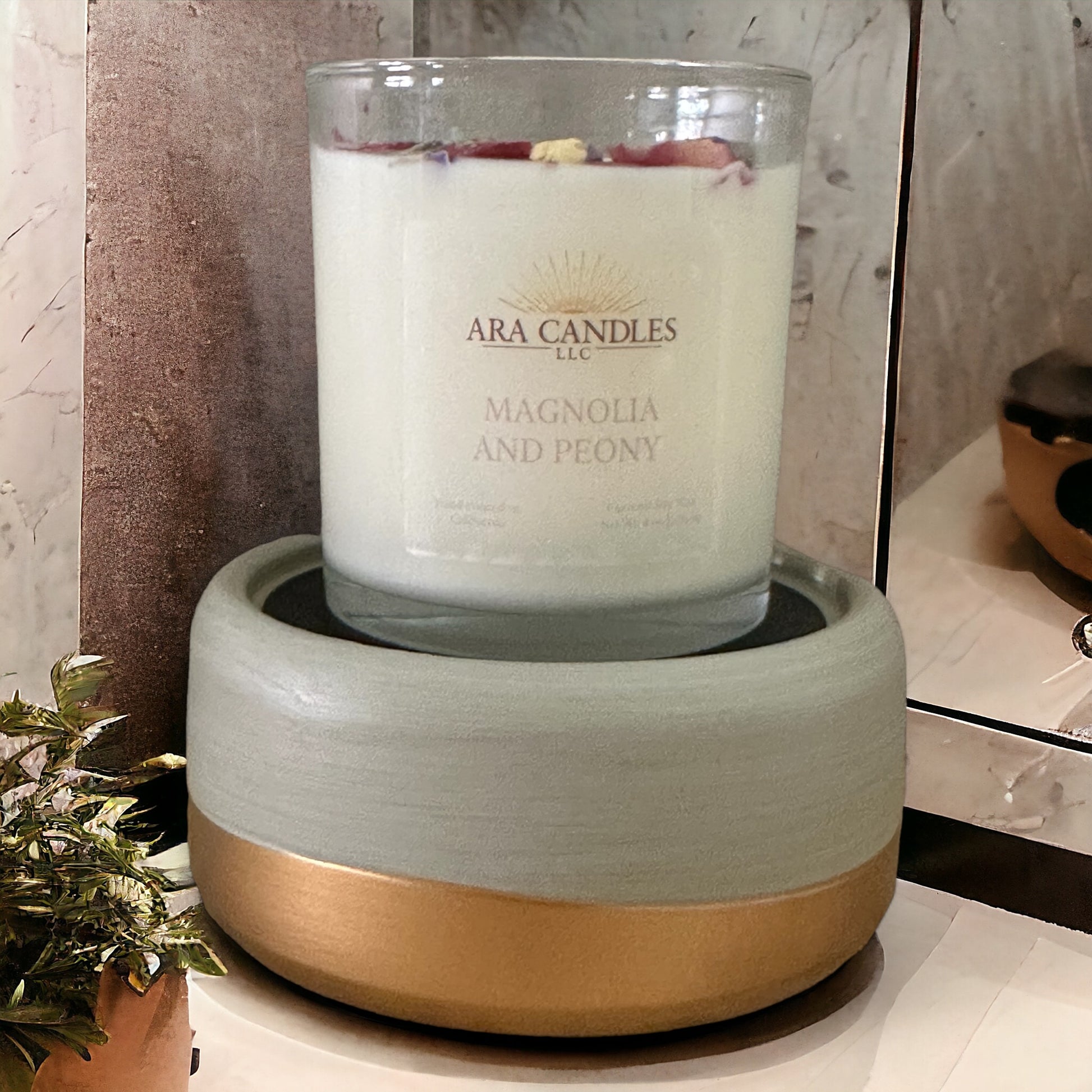 Magnolia and Peony flameless 8 oz candle placed on a wax warmer, filling the room with a soothing floral fragrance and creating a cozy, flame-free ambiance