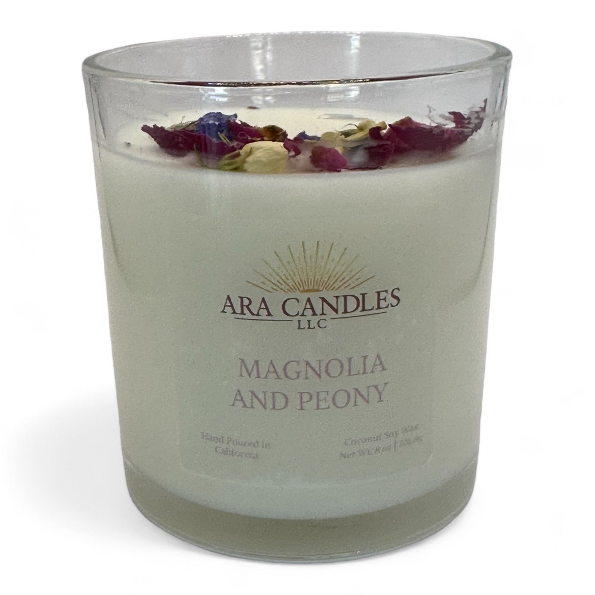 Magnolia and Peony flameless 8 oz candle with a delicate floral fragrance, elegantly displayed on a white background for a clean and calming ambiance