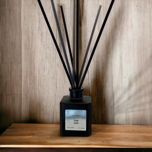 Matte black cube reed diffuser bottle, designed to elegantly diffuse fragrance and enhance your space with a modern, sleek aesthetic