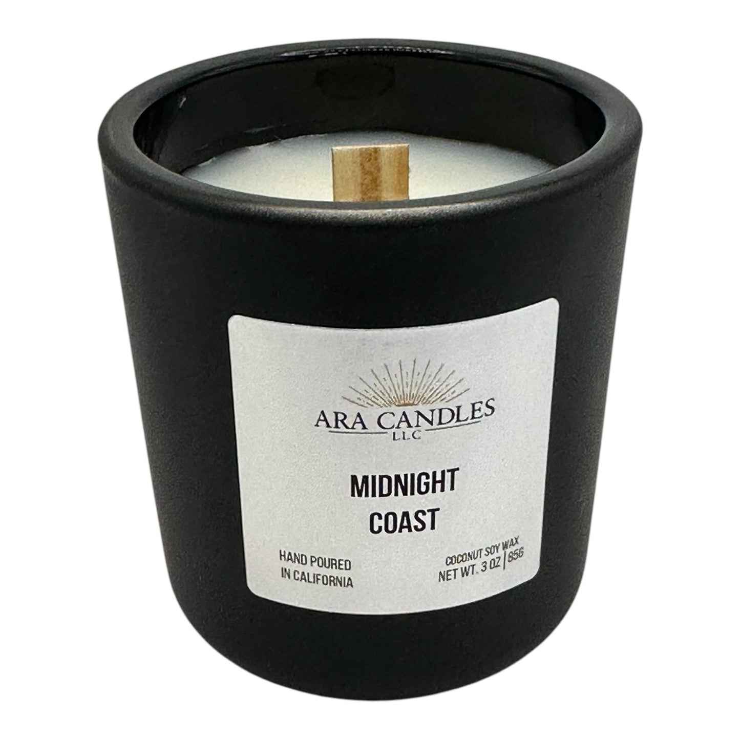 Midnight Coast 3 oz coconut soy candle with wooden wick, displayed on a white background, offering a refreshing coastal fragrance and an eco-friendly, soothing experience