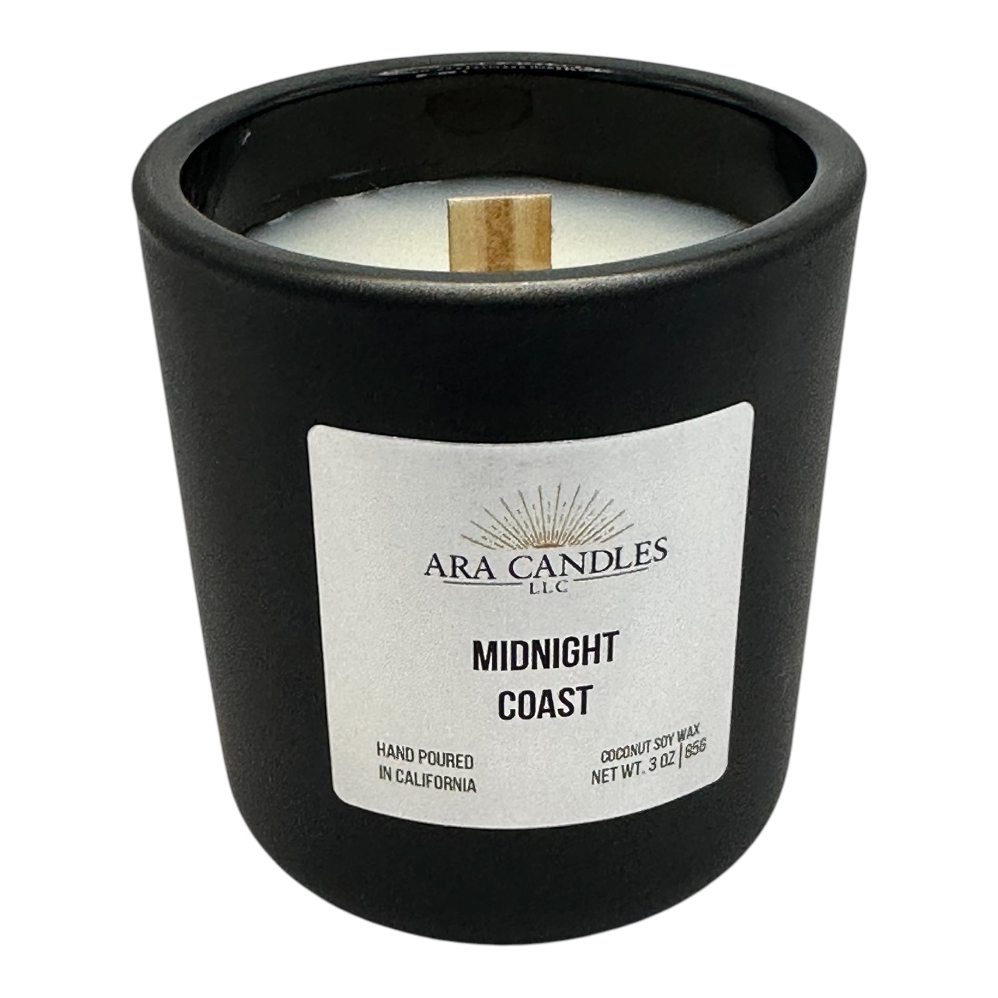 Midnight Coast 3 oz coconut soy candle with wooden wick, displayed on a white background, offering a refreshing coastal fragrance and an eco-friendly, soothing experience