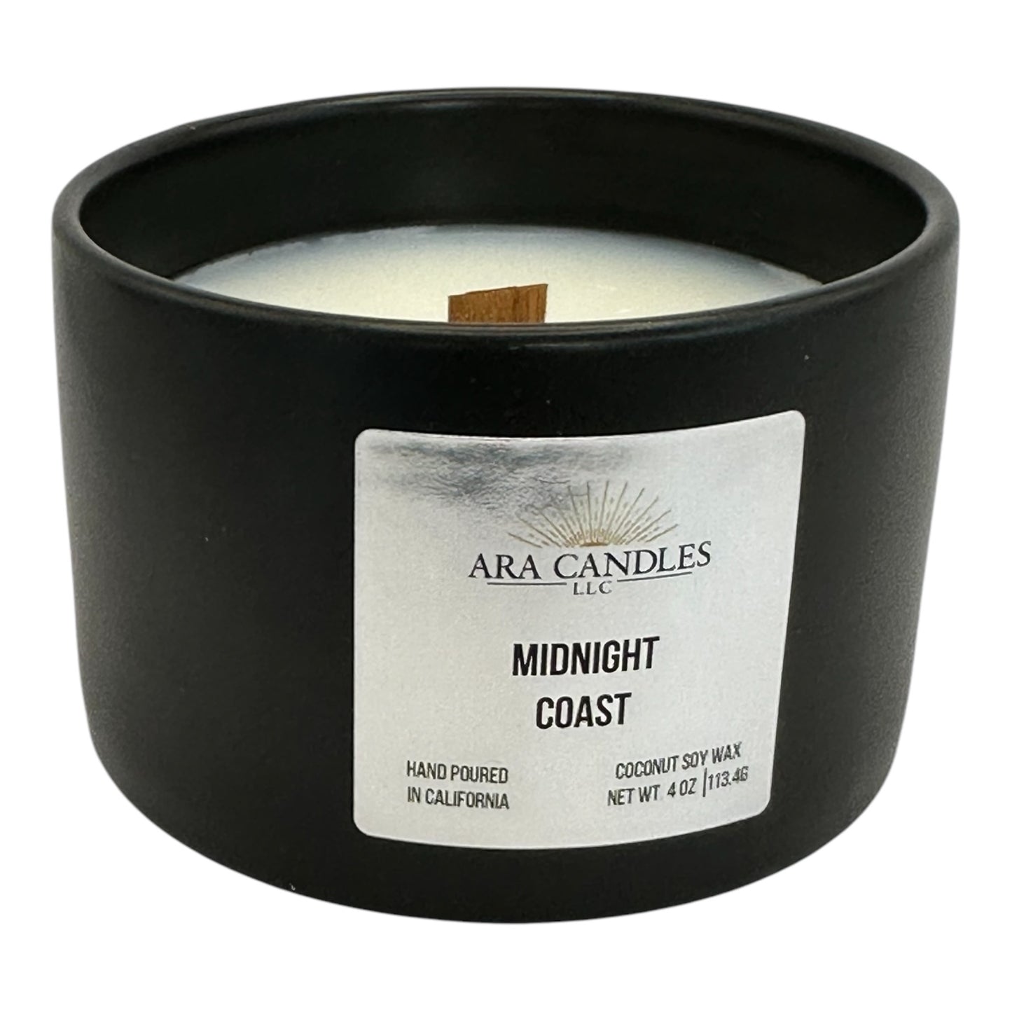 Midnight Coast 4 oz coconut soy candle in a sleek black ceramic container, set against a white background, offering a refreshing coastal fragrance in eco-friendly coconut soy wax.