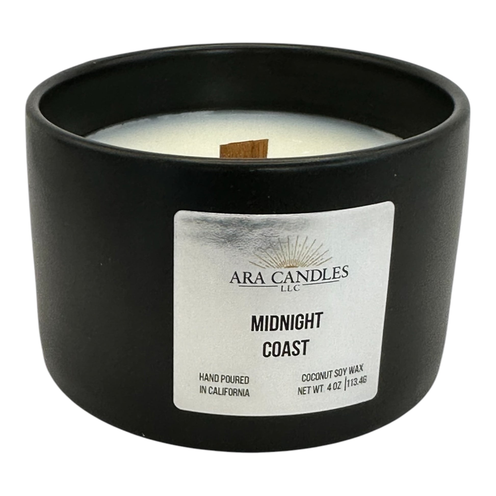 Midnight Coast 4 oz coconut soy candle in a sleek black ceramic container, set against a white background, offering a refreshing coastal fragrance in eco-friendly coconut soy wax.
