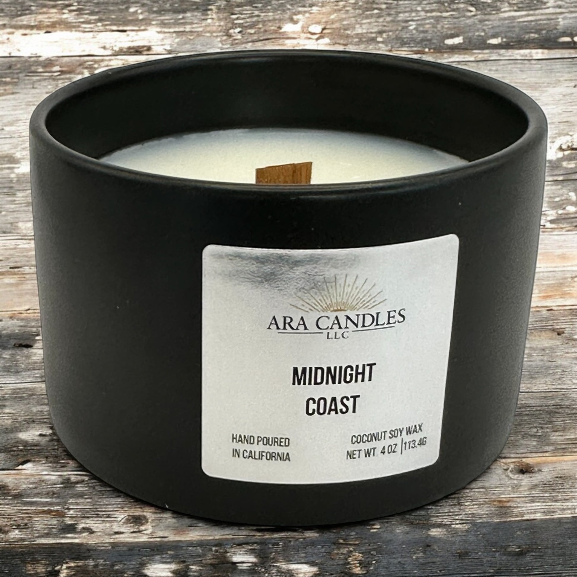 Midnight Coast 4 oz coconut soy candle, offering a soothing and refreshing coastal fragrance in a clean, eco-friendly coconut soy wax.