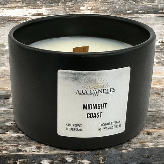 Midnight Coast 4 oz coconut soy candle, offering a soothing and refreshing coastal fragrance in a clean, eco-friendly coconut soy wax.