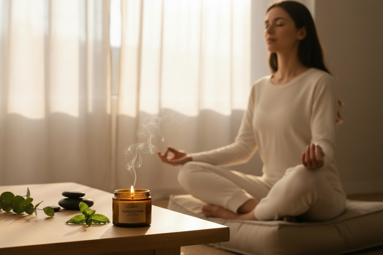Woman meditating with a candle and plants on a table in a softly lit room.