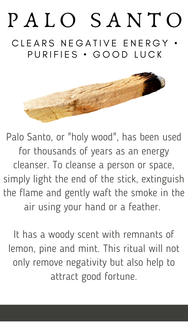 Palo Santo instruction card, providing detailed guidance on how to properly burn and use Palo Santo for purification, relaxation, and creating a peaceful atmosphere
