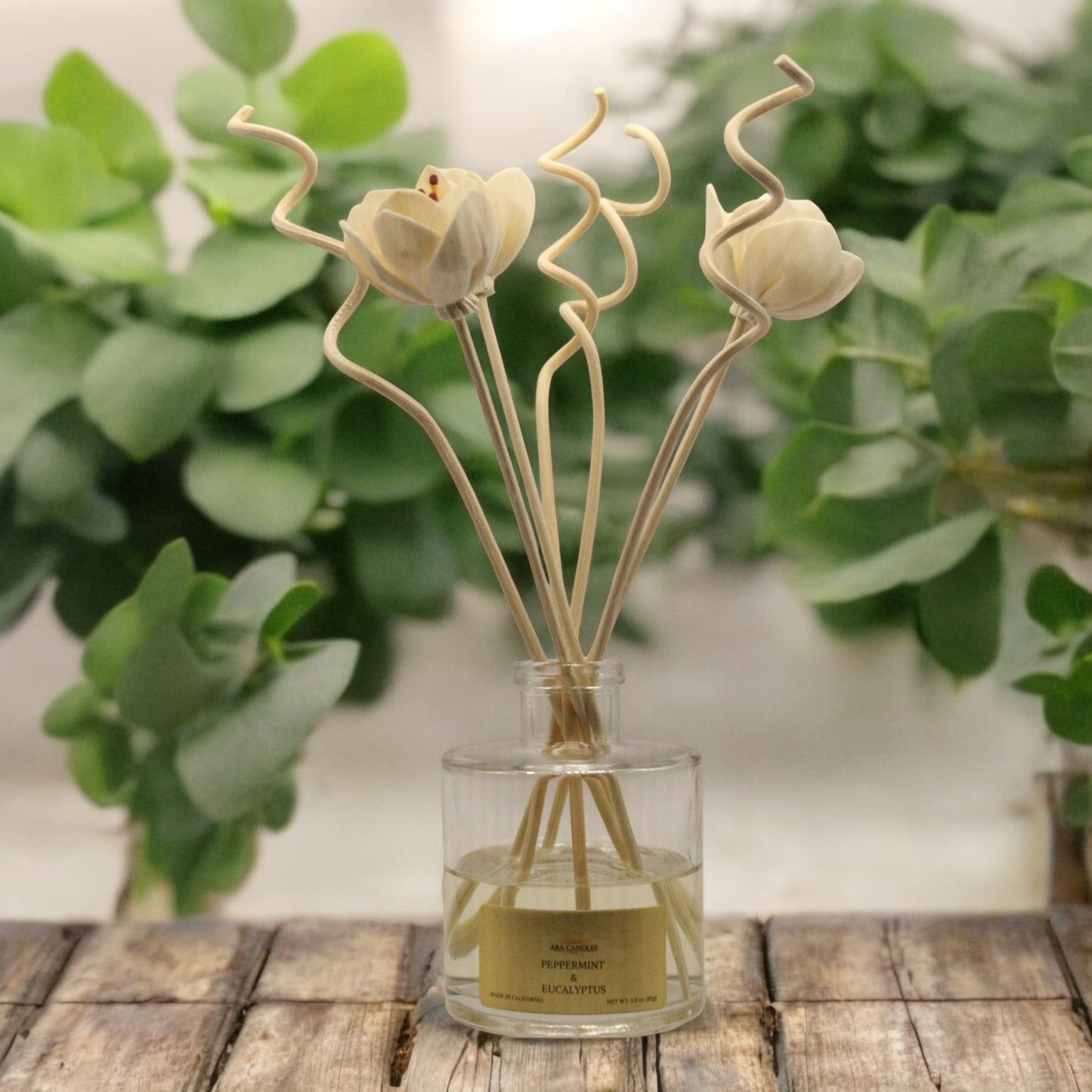 Peppermint and eucalyptus reed diffuser offering a refreshing, invigorating aroma to create a calming atmosphere in any room.