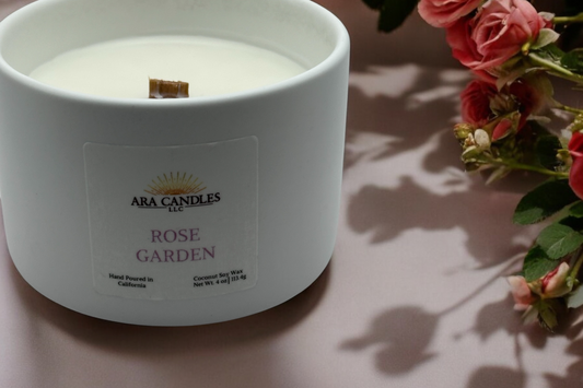 Rose Garden 4 oz scented candle with a rich, floral fragrance of fresh roses, creating a soothing and romantic atmosphere