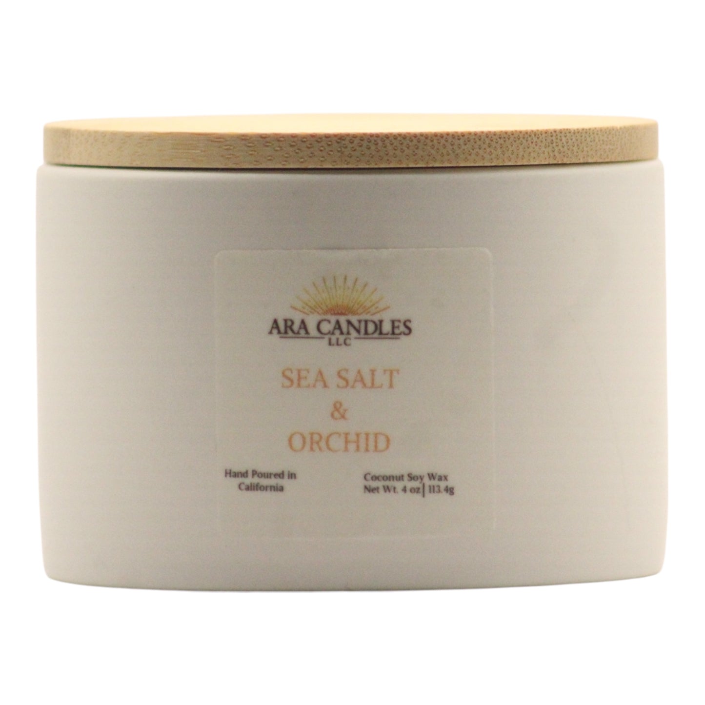 Sea salt and orchid scented candle with a fresh, floral fragrance that creates a calming and luxurious ambiance in any room