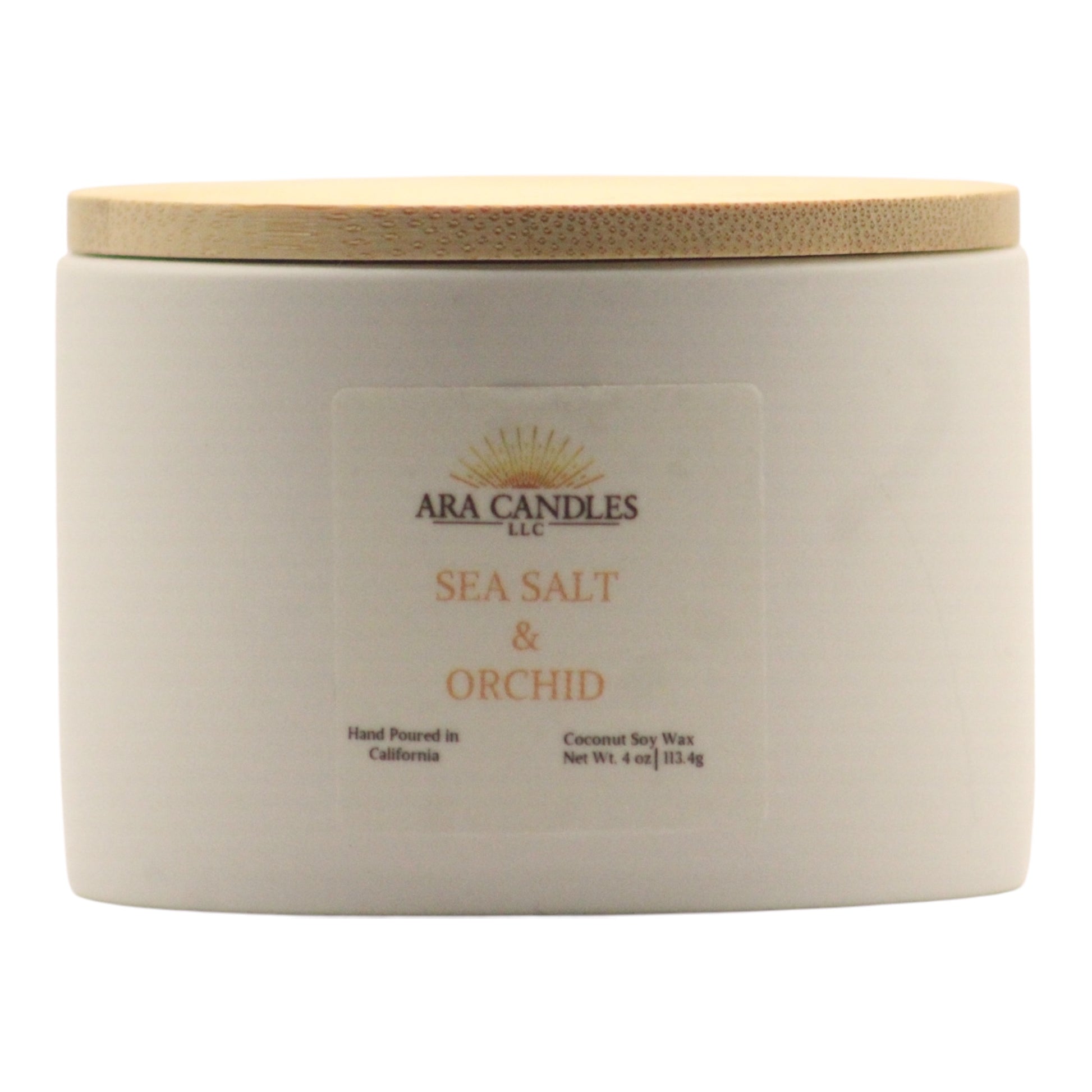 Sea salt and orchid scented candle with a fresh, floral fragrance that creates a calming and luxurious ambiance in any room