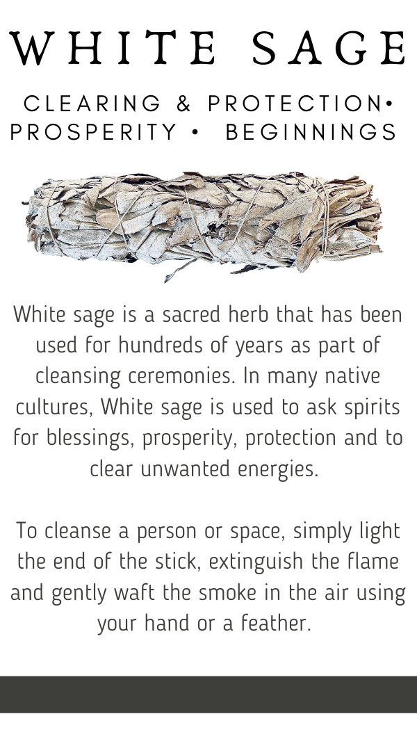 Instruction card for White Sage bundle, providing step-by-step guidance on how to use the sage for smudging and energy cleansing